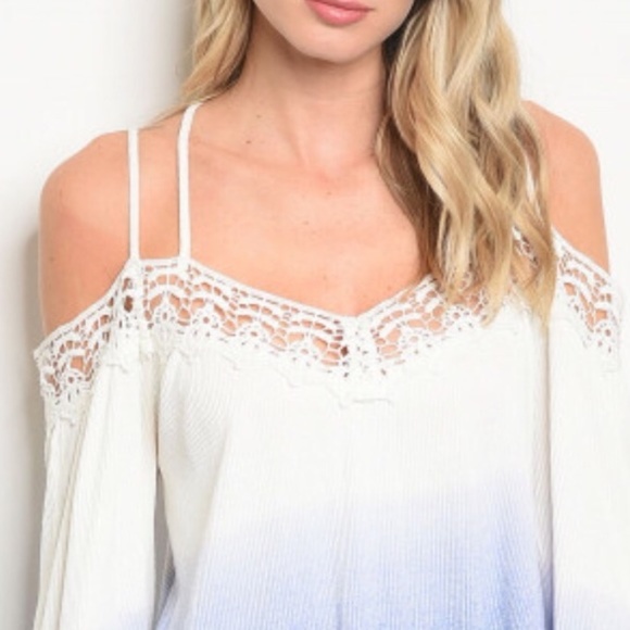 COLD SHOULDER 🆕️ Shirt Icy White Blue Bell Sleeve - Picture 3 of 8